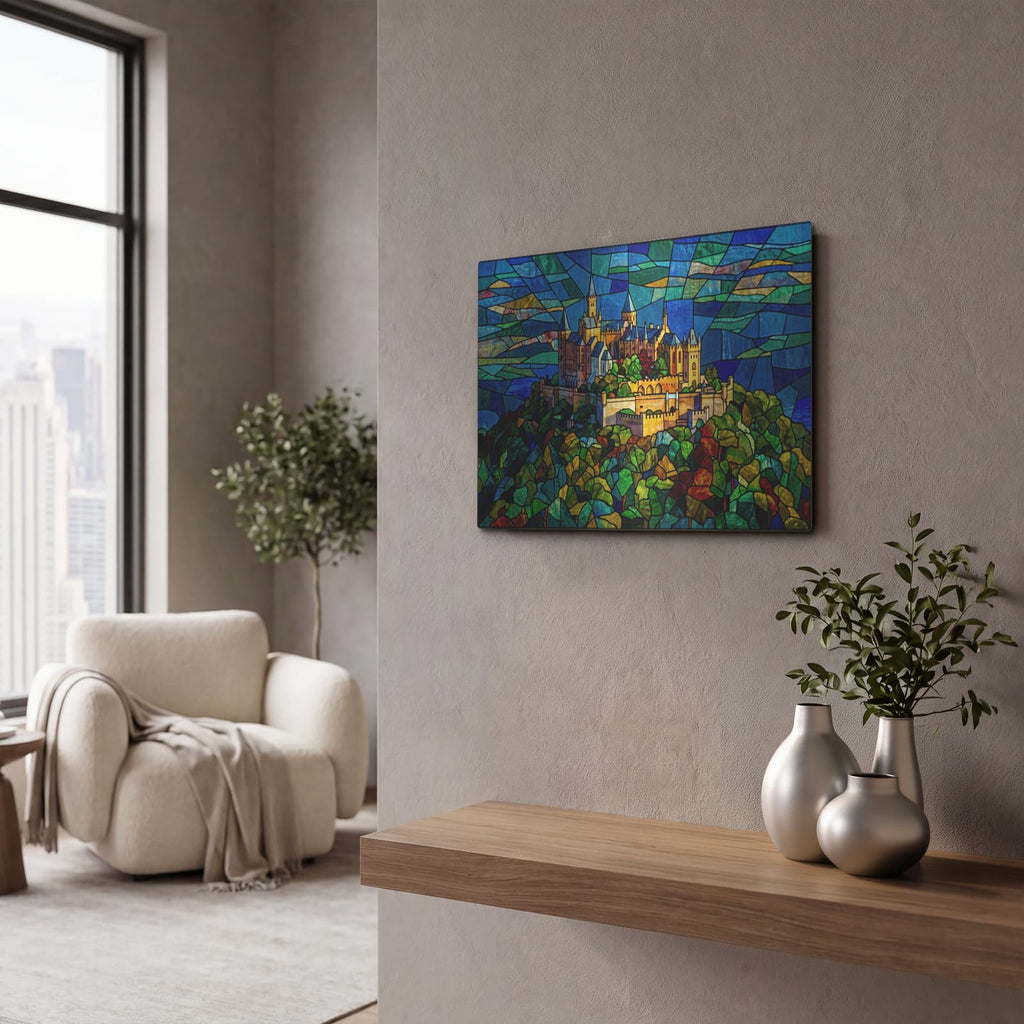 'Stained Glass Style Castle' by Veve – Metal Wall Art, 16x12 room view