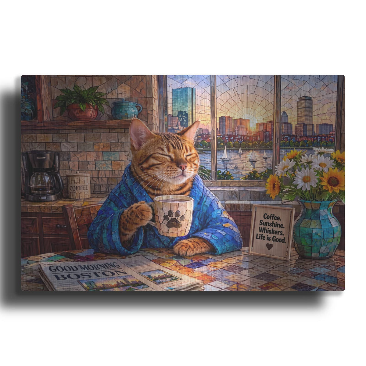'Stained Glass Style Cat Morning Boston' by Veve – Metal Wall Art
