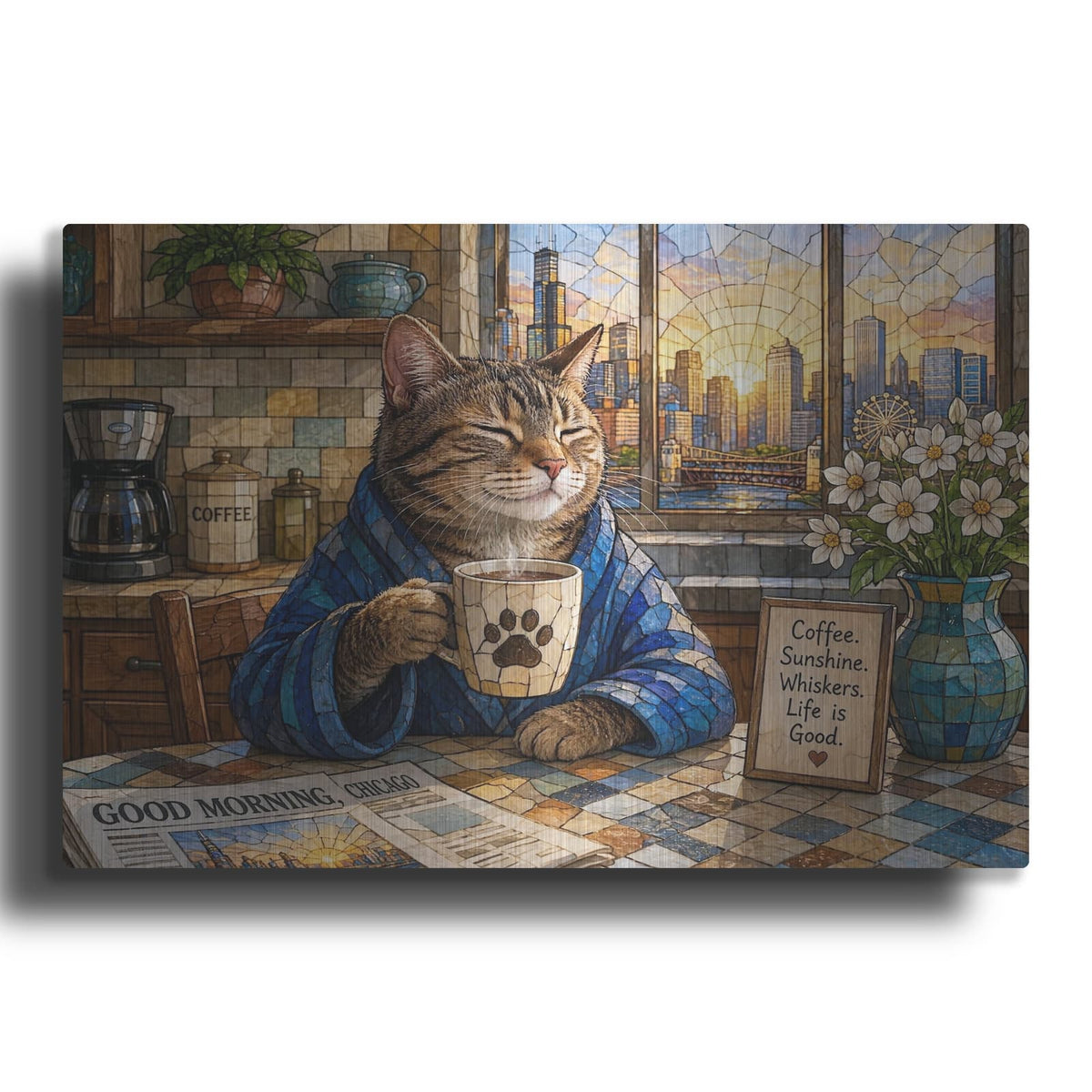 'Stained Glass Style Cat Morning CHICAGO I' by Veve – Metal Wall Art