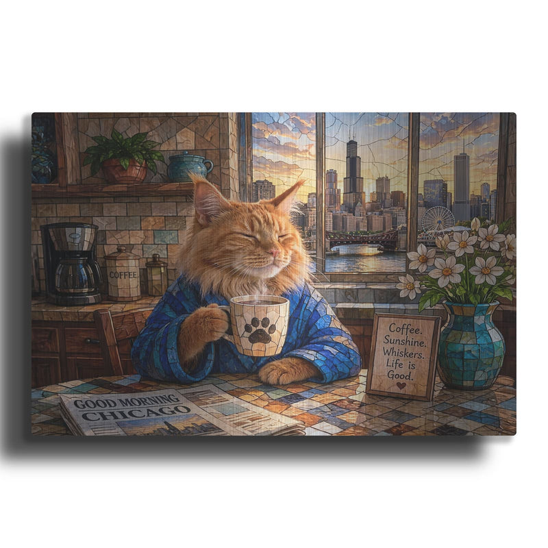 'Stained Glass Style Cat Morning CHICAGO II' by Veve – Metal Wall Art
