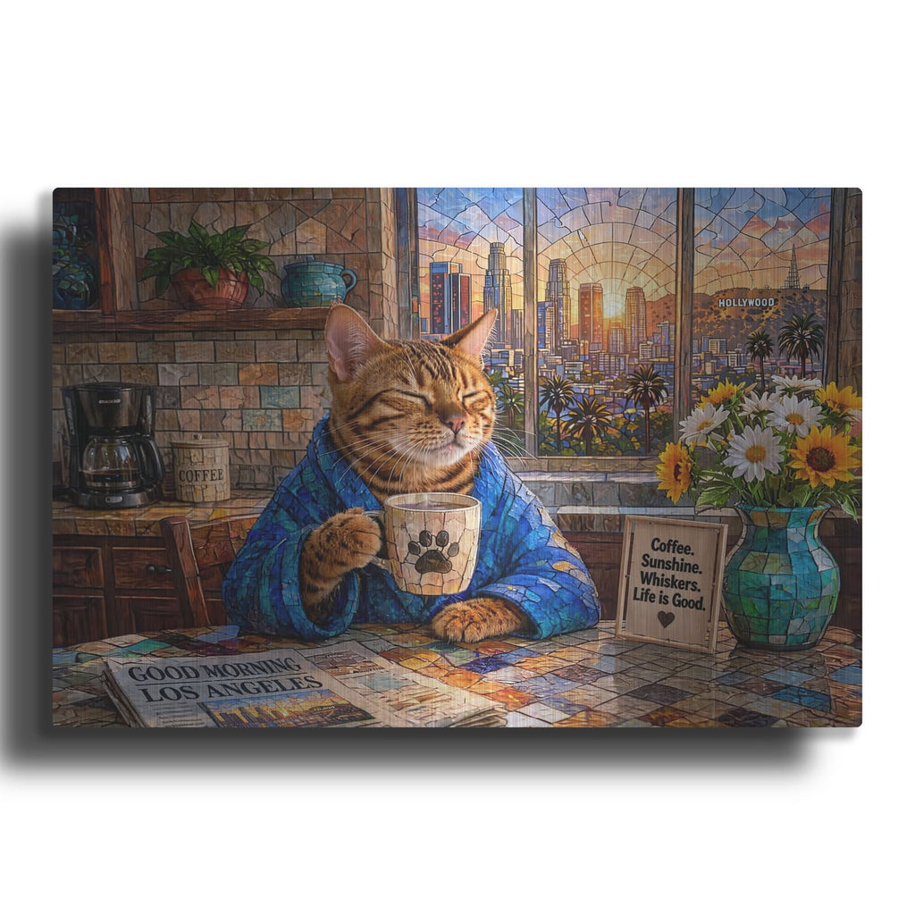 'Stained Glass Style Cat Morning LA' by Veve – Metal Wall Art