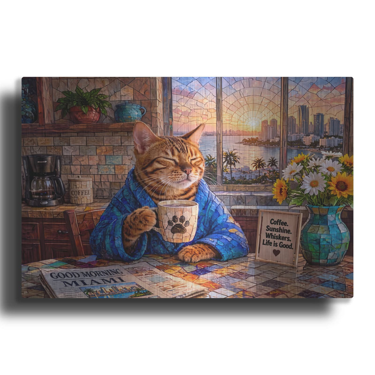 'Stained Glass Style Cat Morning Miami' by Veve – Metal Wall Art