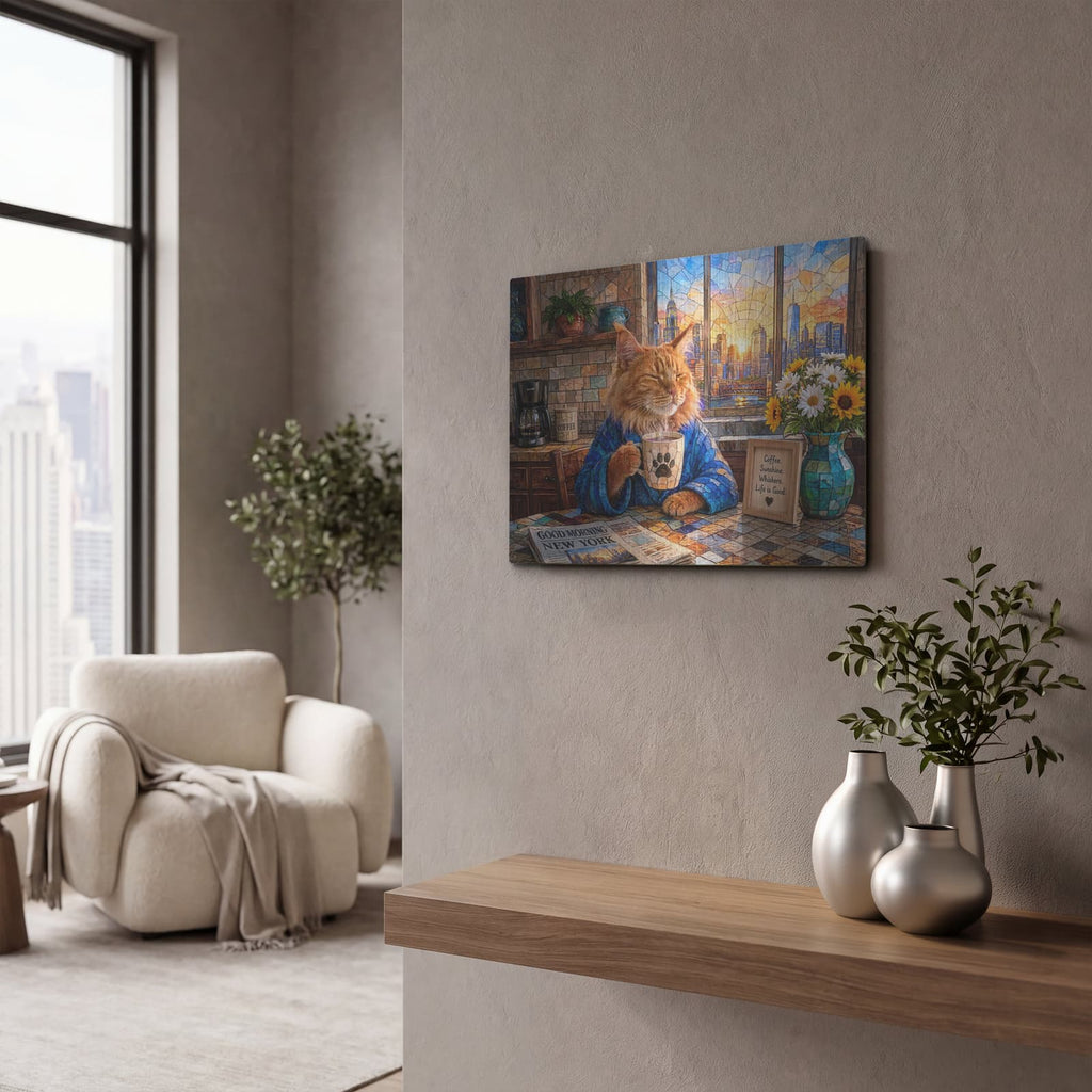 'Stained Glass Style Cat Morning NY' by Veve – Metal Wall Art, 16x12 room view
