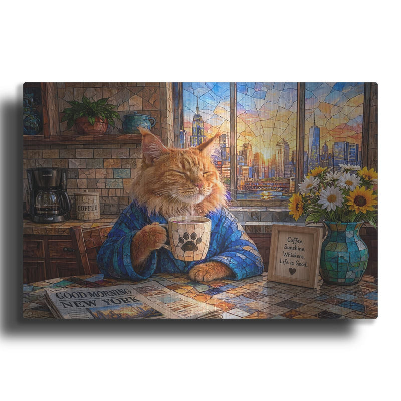 'Stained Glass Style Cat Morning NY' by Veve – Metal Wall Art