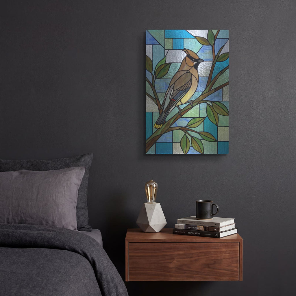 'Stained Glass Style Cedar Waxwing' by Veve – Metal Wall Art, 12x16 room view