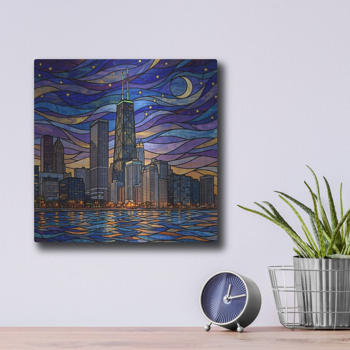 'Stained Glass Style Chicago Starry Night' by Veve – Metal Wall Art, 12x12 room view