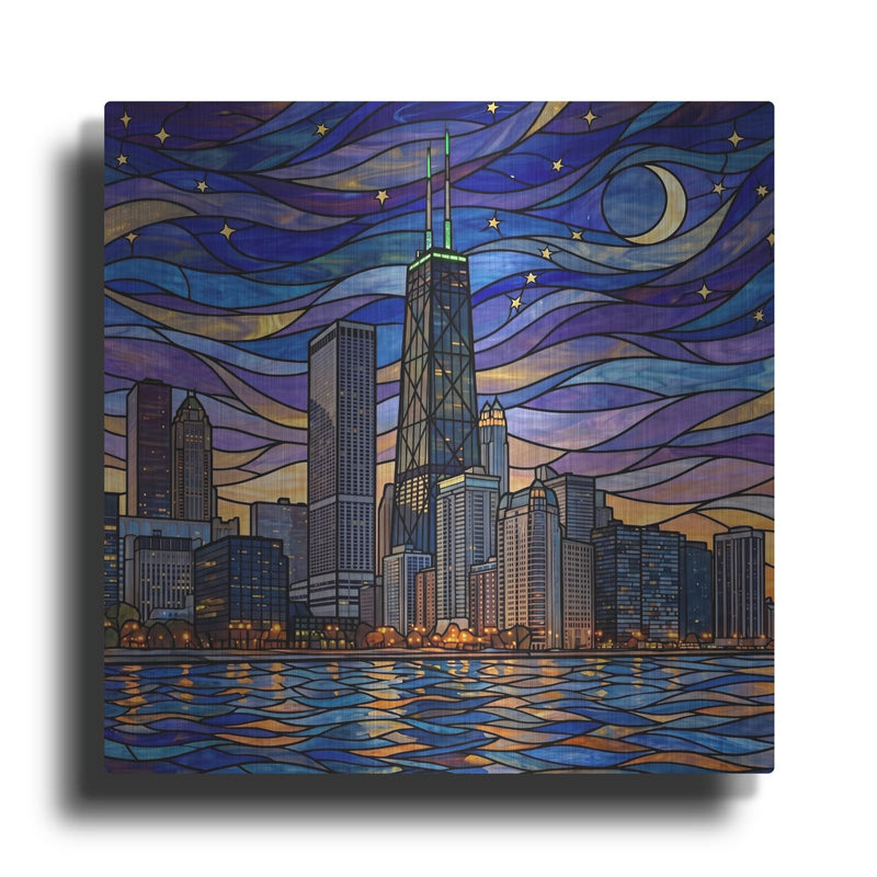 'Stained Glass Style Chicago Starry Night' by Veve – Metal Wall Art