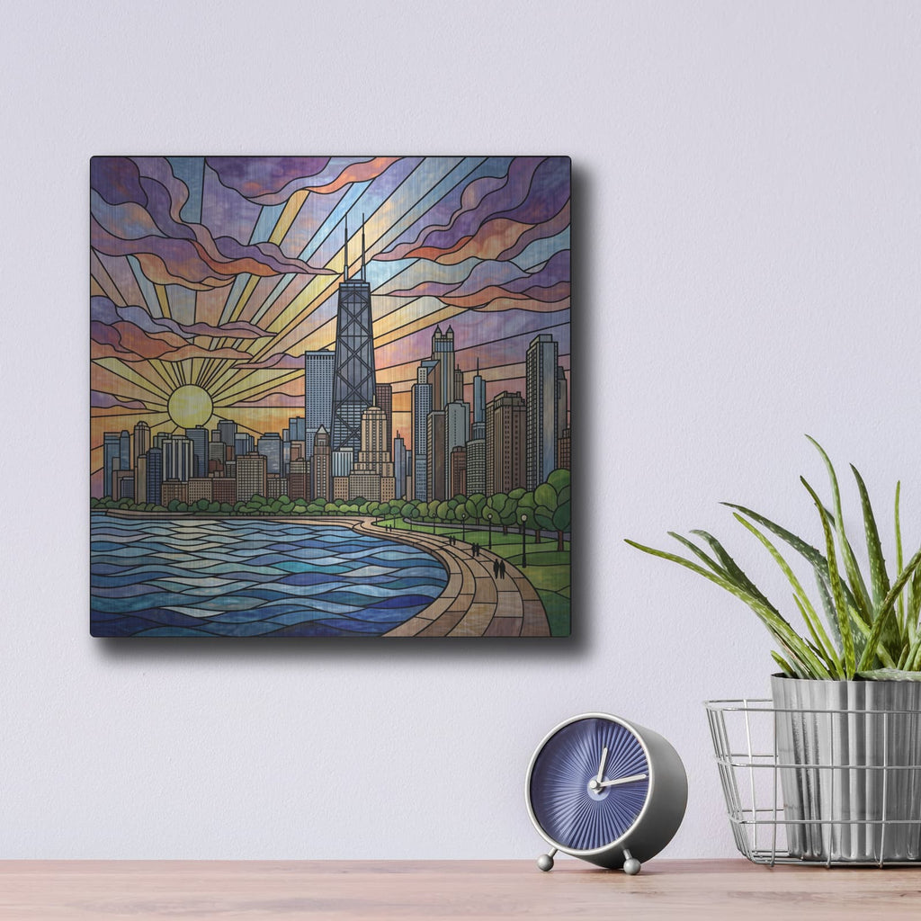'Stained Glass Style Chicago Sunset I' by Veve – Metal Wall Art, 12x12 room view