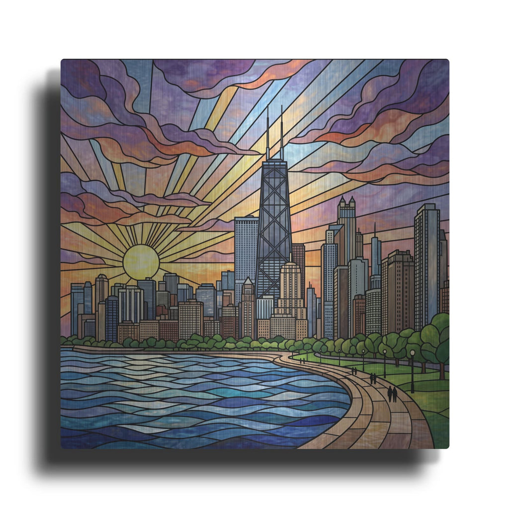 'Stained Glass Style Chicago Sunset I' by Veve – Metal Wall Art