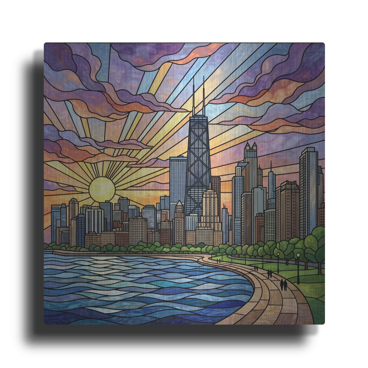 'Stained Glass Style Chicago Sunset I' by Veve – Metal Wall Art