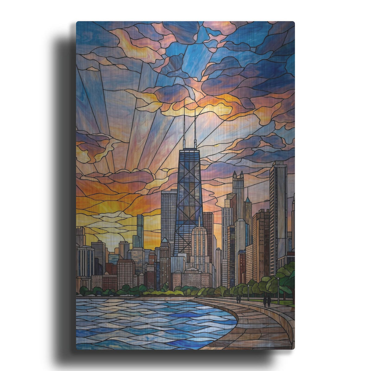 'Stained Glass Style Chicago Sunset II' by Veve – Metal Wall Art