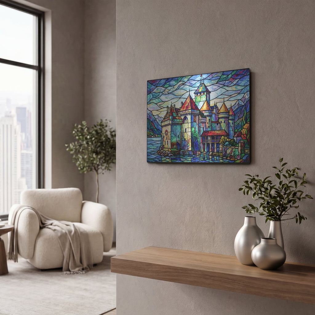 'Stained Glass Style Chillon Castle I' by Veve – Metal Wall Art, 16x12 room view