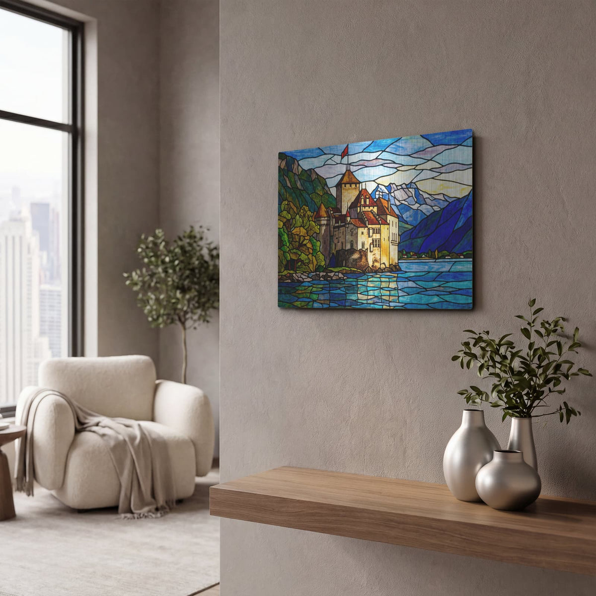 'Stained Glass Style Chillon Castle II' by Veve – Metal Wall Art, 16x12 room view