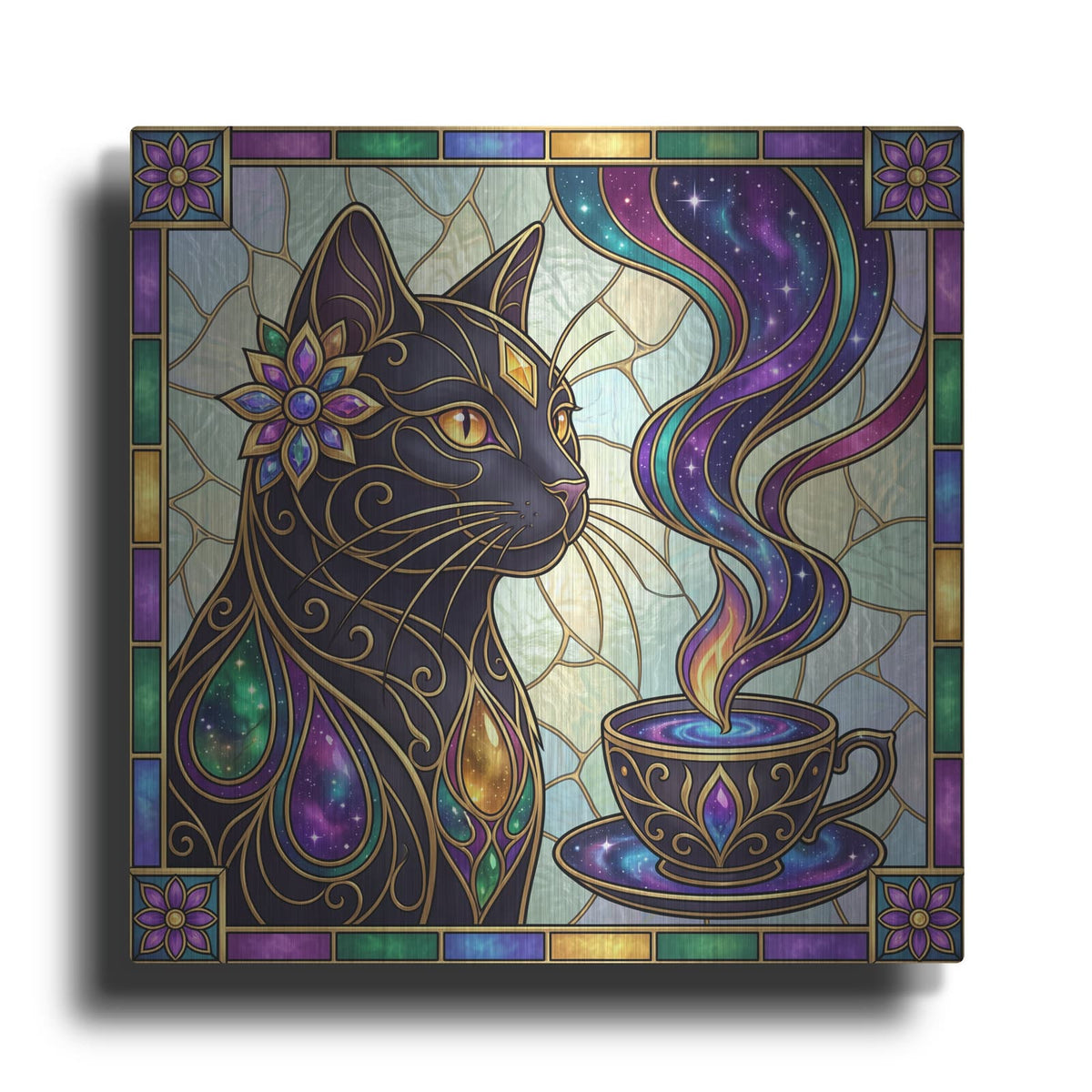 'Stained Glass Style Cosmic Brew Galaxy Cat' by Veve – Metal Wall Art