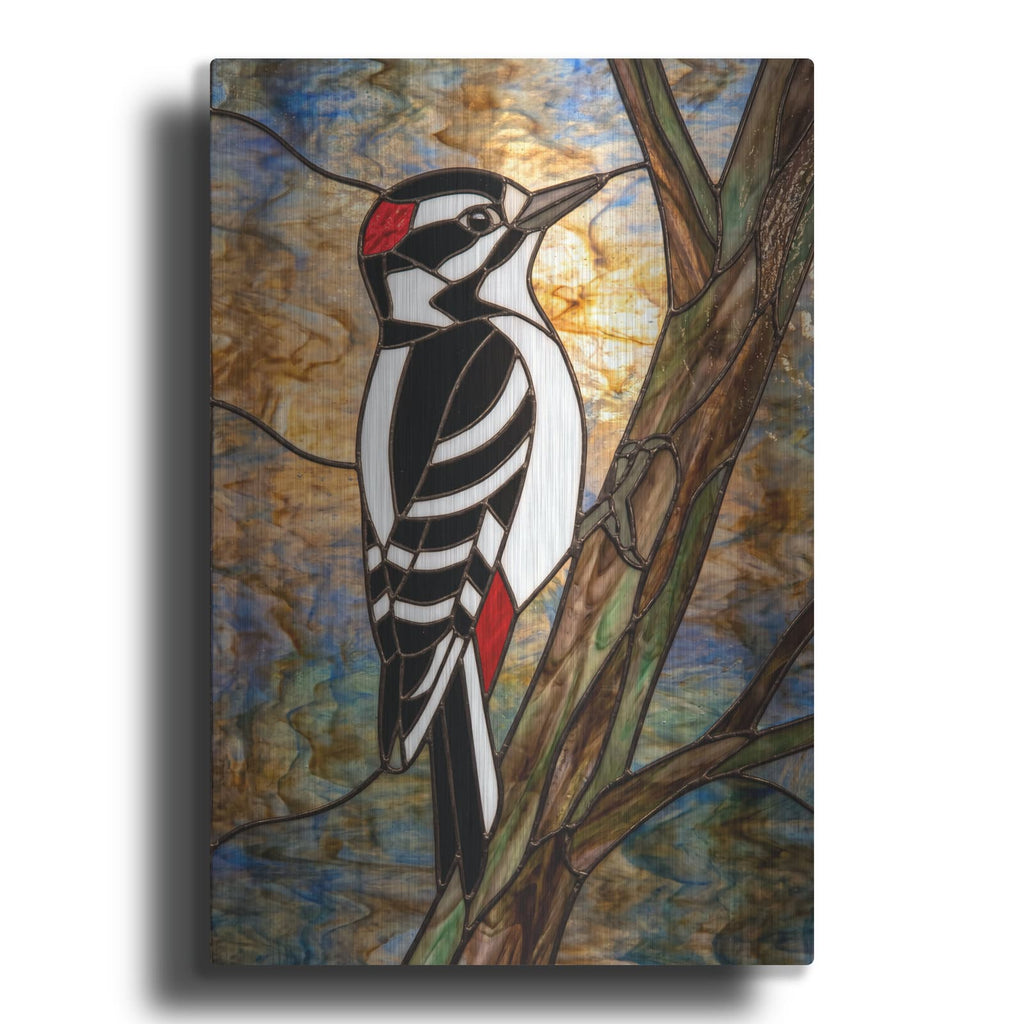 'Stained Glass Style Downy Woodpecker' by Veve – Metal Wall Art
