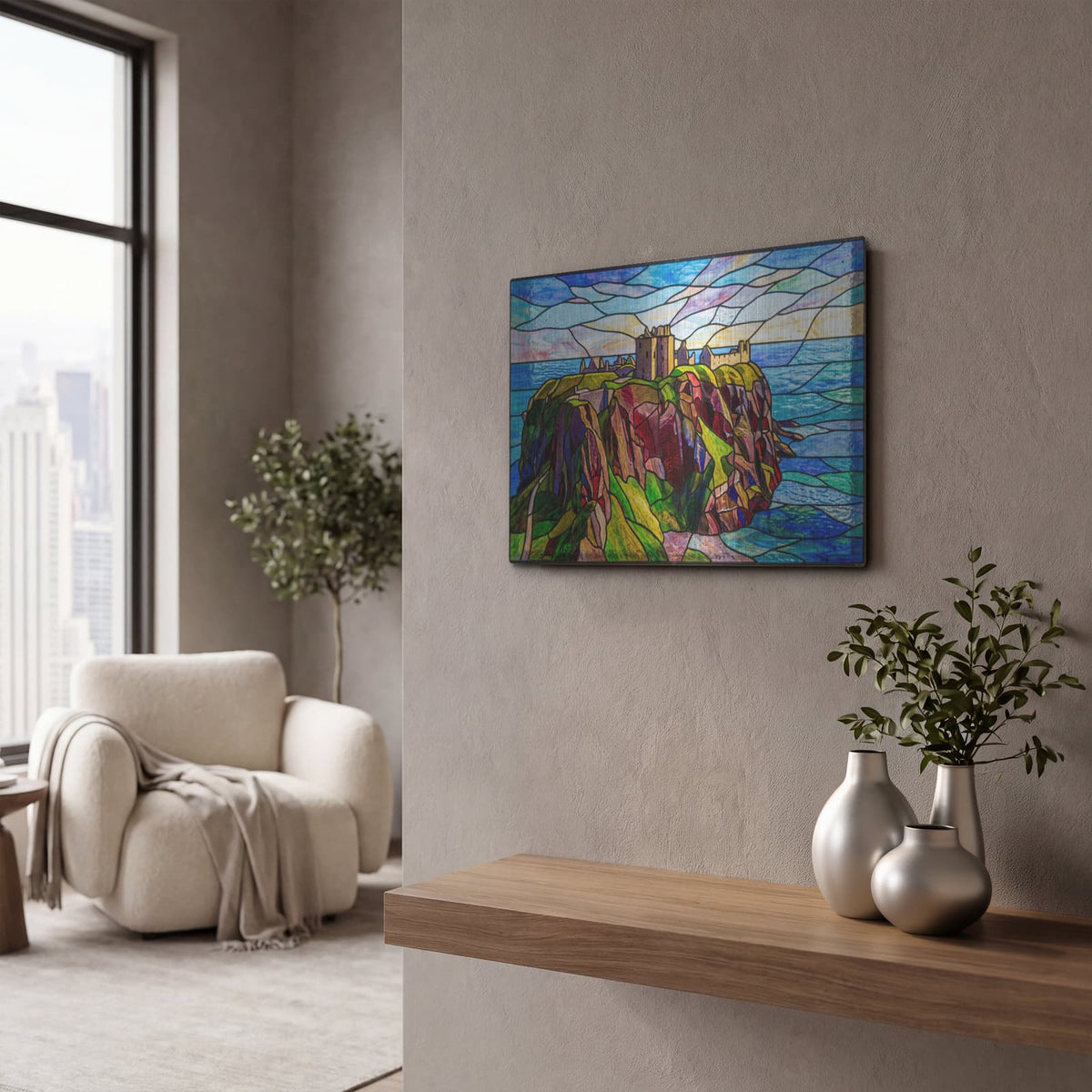 'Stained Glass Style Dunnottar Castle I' by Veve – Metal Wall Art, 16x12 room view