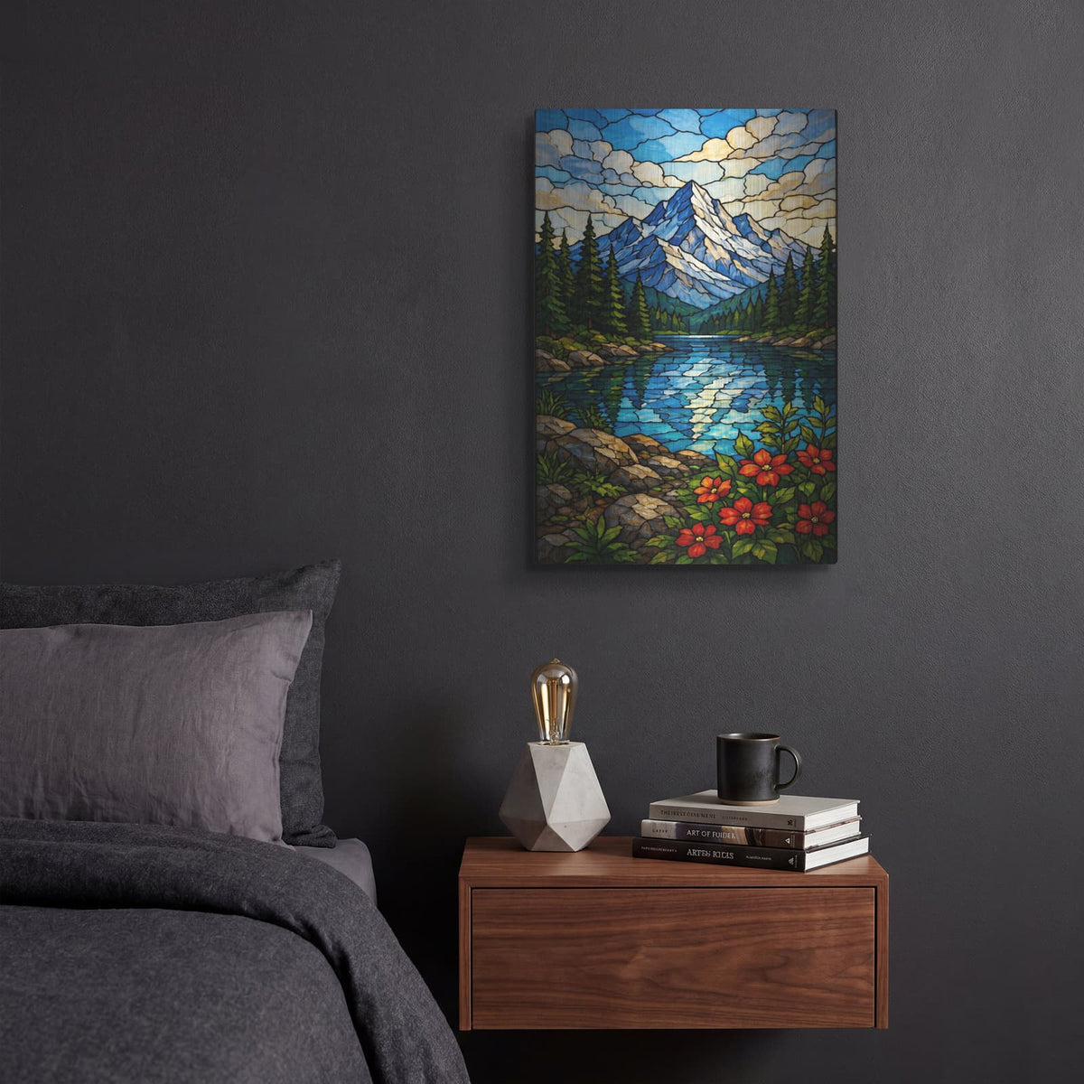 'Stained Glass Style Mountain LakeJPG' by Veve – Metal Wall Art, 12x16 room view