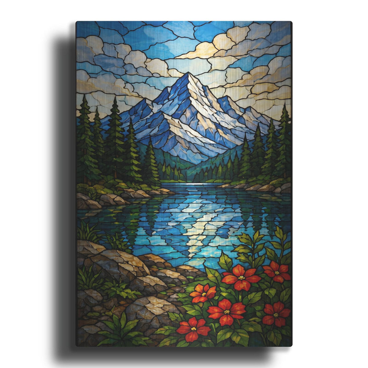 'Stained Glass Style Mountain LakeJPG' by Veve – Metal Wall Art