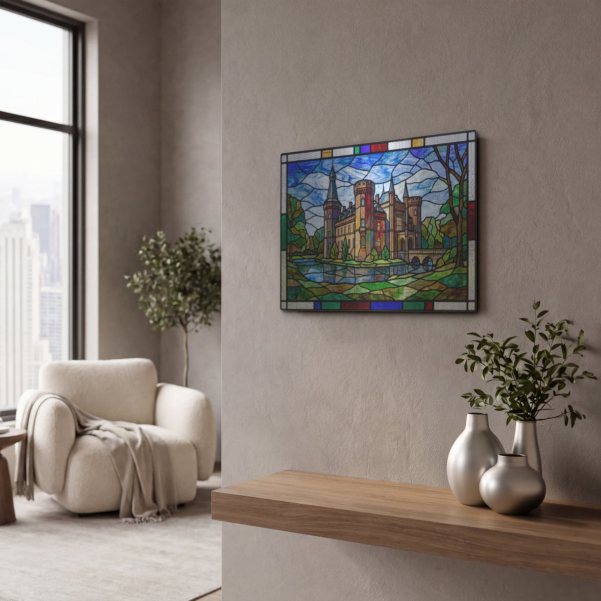 'Stained Glass Style Moyland Castle I' by Veve – Metal Wall Art, 16x12 room view