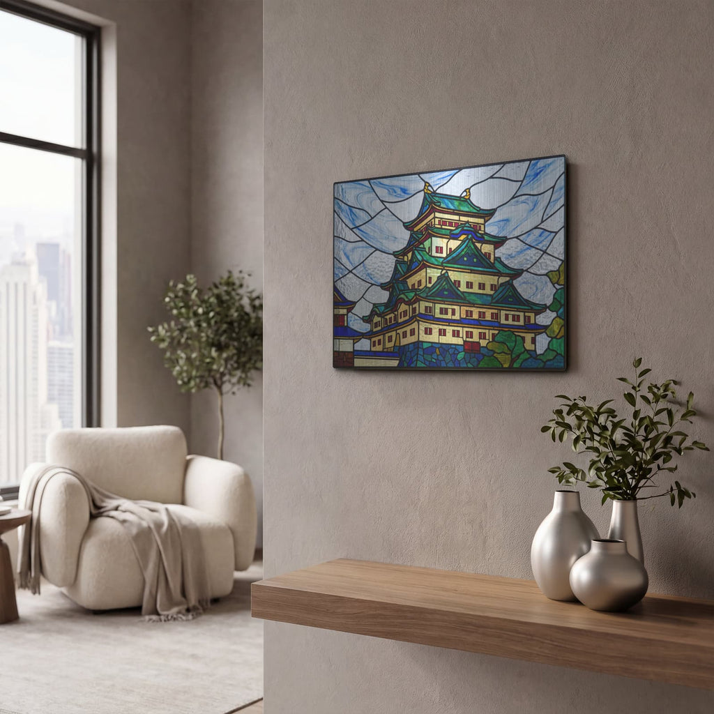 'Stained Glass Style Nagoya Castle' by Veve – Metal Wall Art, 16x12 room view