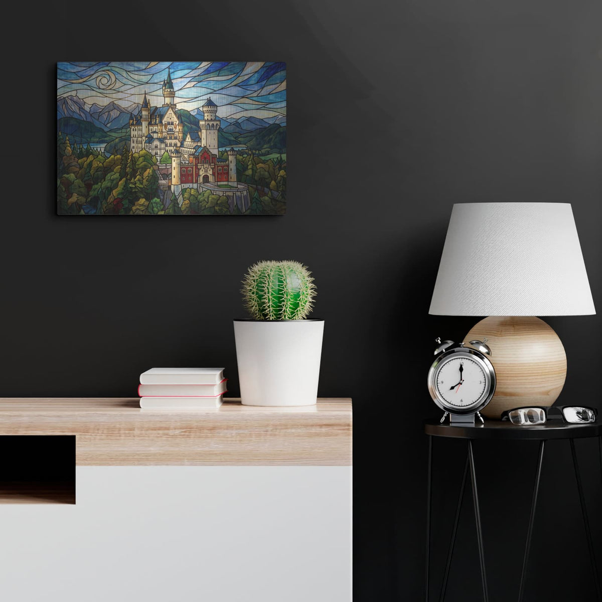 'Stained Glass Style Neuschwanstein Castle I' by Veve – Metal Wall Art, 24x16 room view