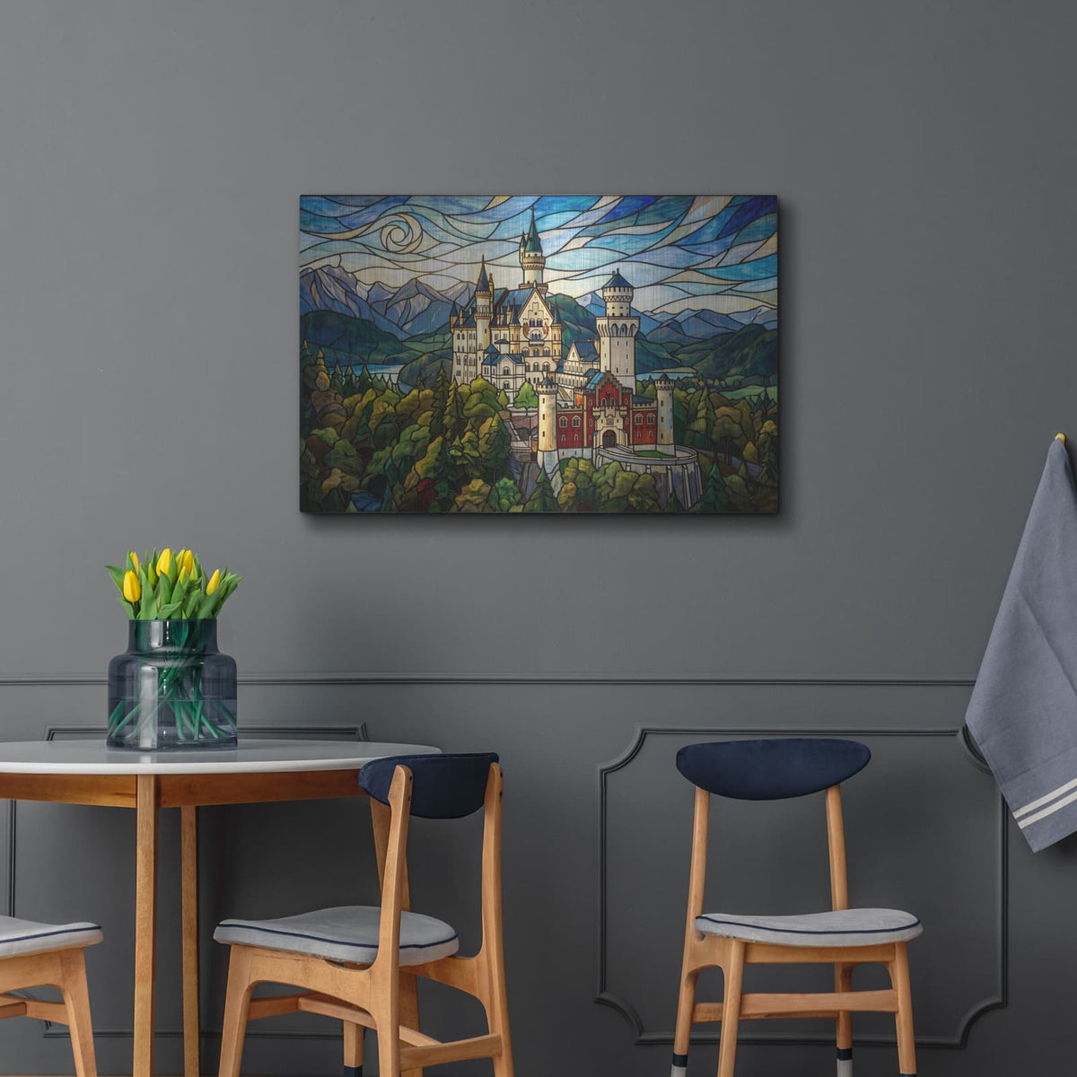 'Stained Glass Style Neuschwanstein Castle I' by Veve – Metal Wall Art, 36x24 room view