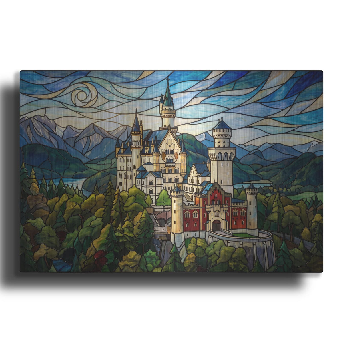 'Stained Glass Style Neuschwanstein Castle I' by Veve – Metal Wall Art