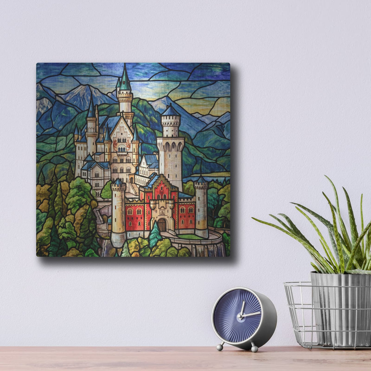 'Stained Glass Style Neuschwanstein Castle II' by Veve – Metal Wall Art, 12x12 room view