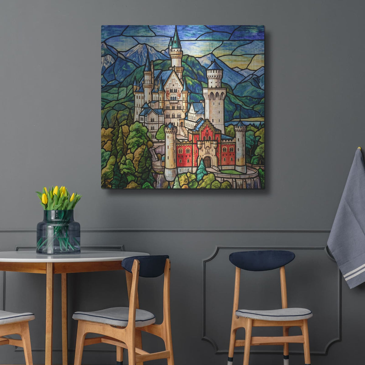 'Stained Glass Style Neuschwanstein Castle II' by Veve – Metal Wall Art, 36x36 room view