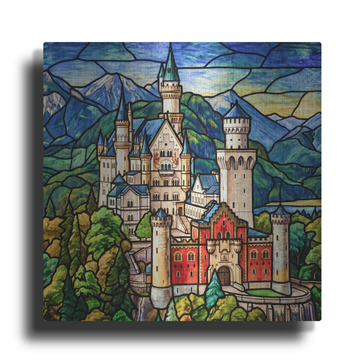 'Stained Glass Style Neuschwanstein Castle II' by Veve – Metal Wall Art