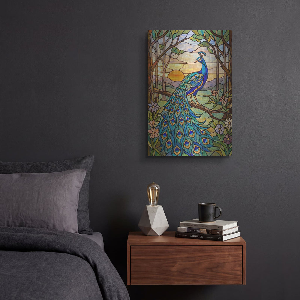 'Stained Glass Style Peacock Sunset I' by Veve – Metal Wall Art, 12x16 room view