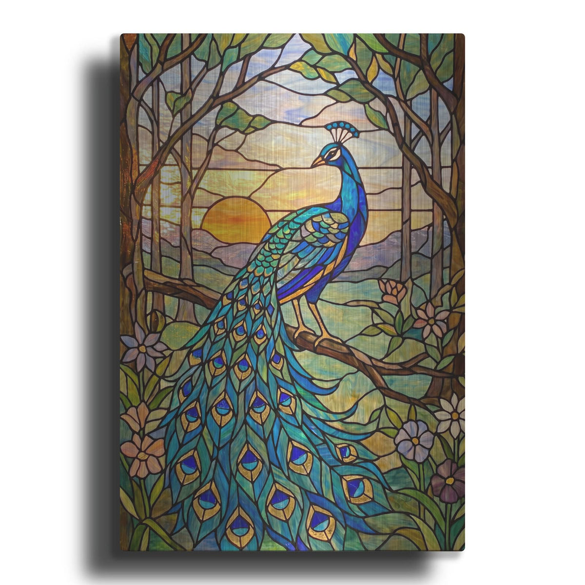 'Stained Glass Style Peacock Sunset I' by Veve – Metal Wall Art