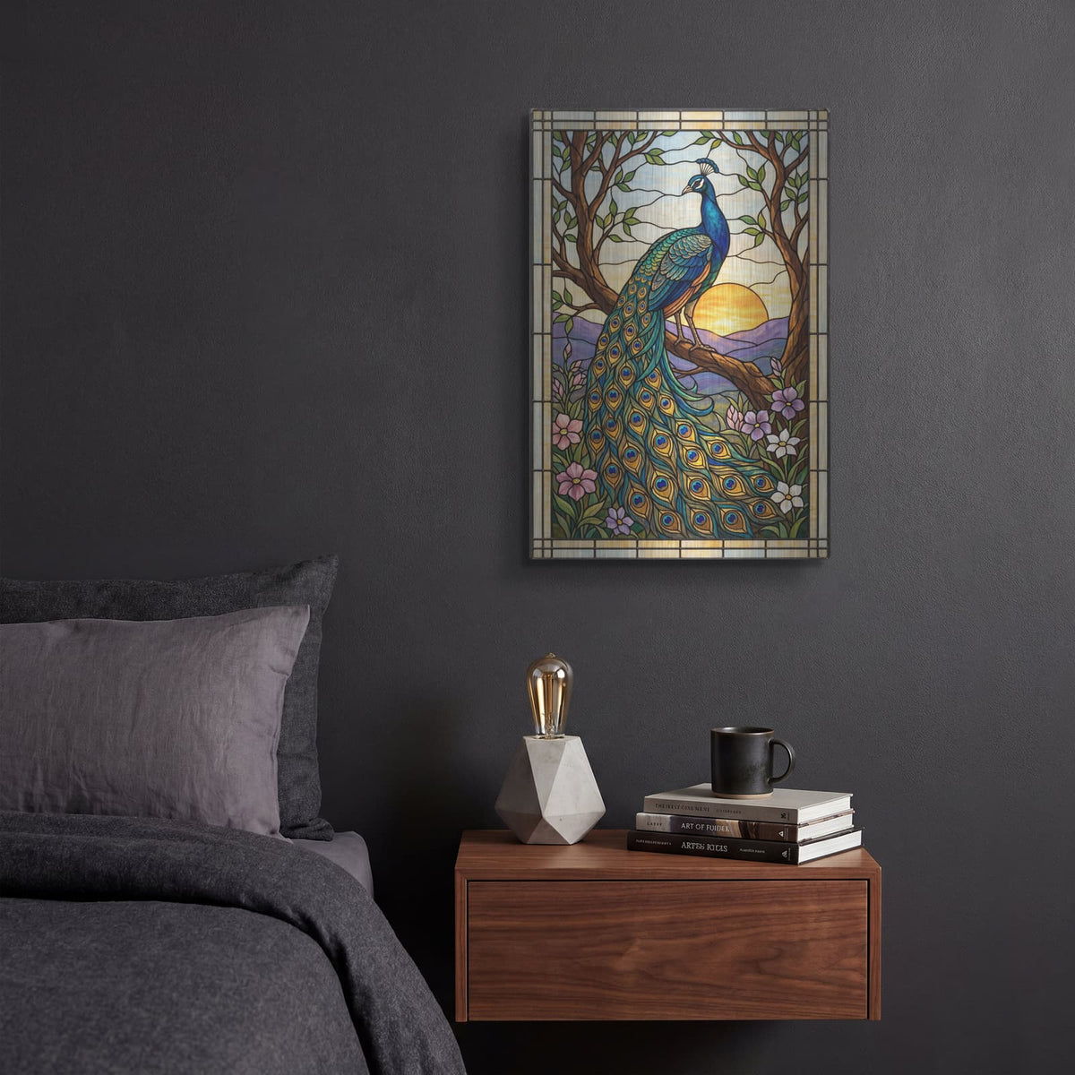 'Stained Glass Style Peacock Sunset II' by Veve – Metal Wall Art, 12x16 room view