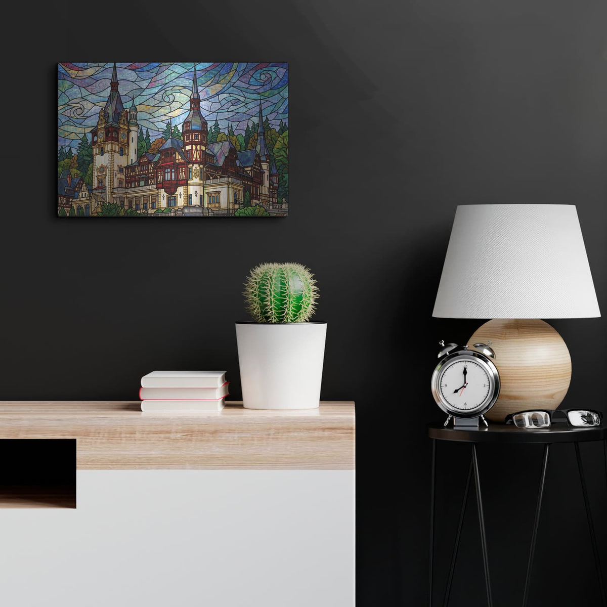 'Stained Glass Style Peles Castle' by Veve – Metal Wall Art, 24x16 room view