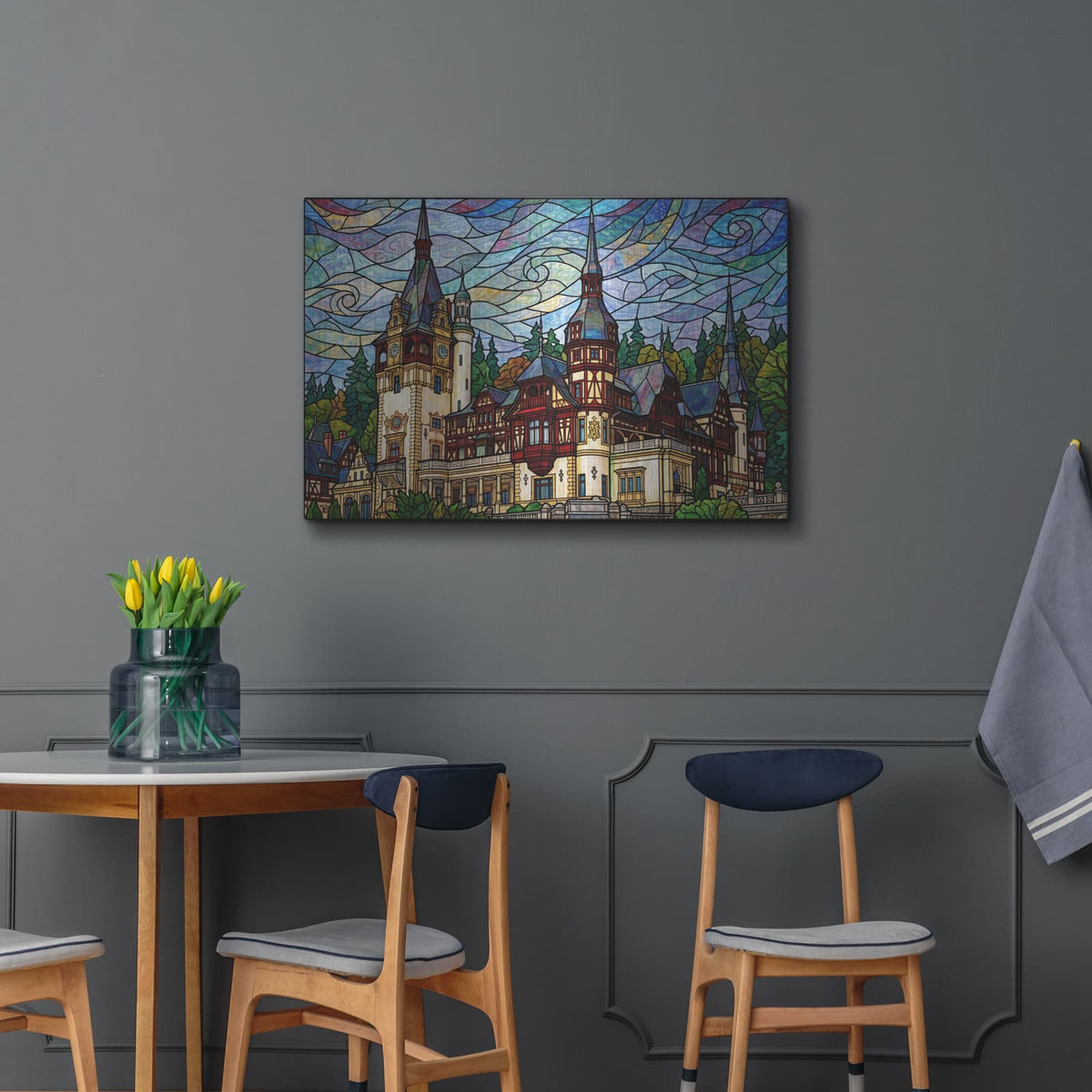 'Stained Glass Style Peles Castle' by Veve – Metal Wall Art, 36x24 room view