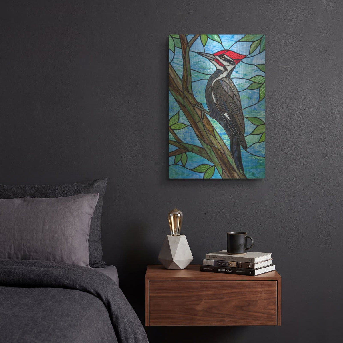 'Stained Glass Style Pileated Woodpecker' by Veve – Metal Wall Art, 12x16 room view