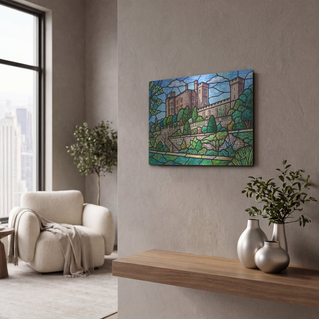 'Stained Glass Style Powis Castle' by Veve – Metal Wall Art, 16x12 room view