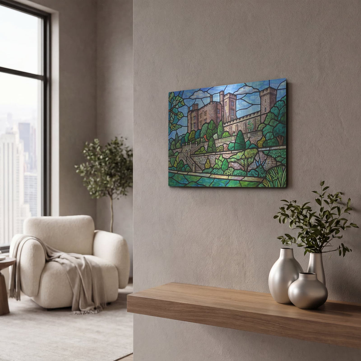 'Stained Glass Style Powis Castle' by Veve – Metal Wall Art, 16x12 room view