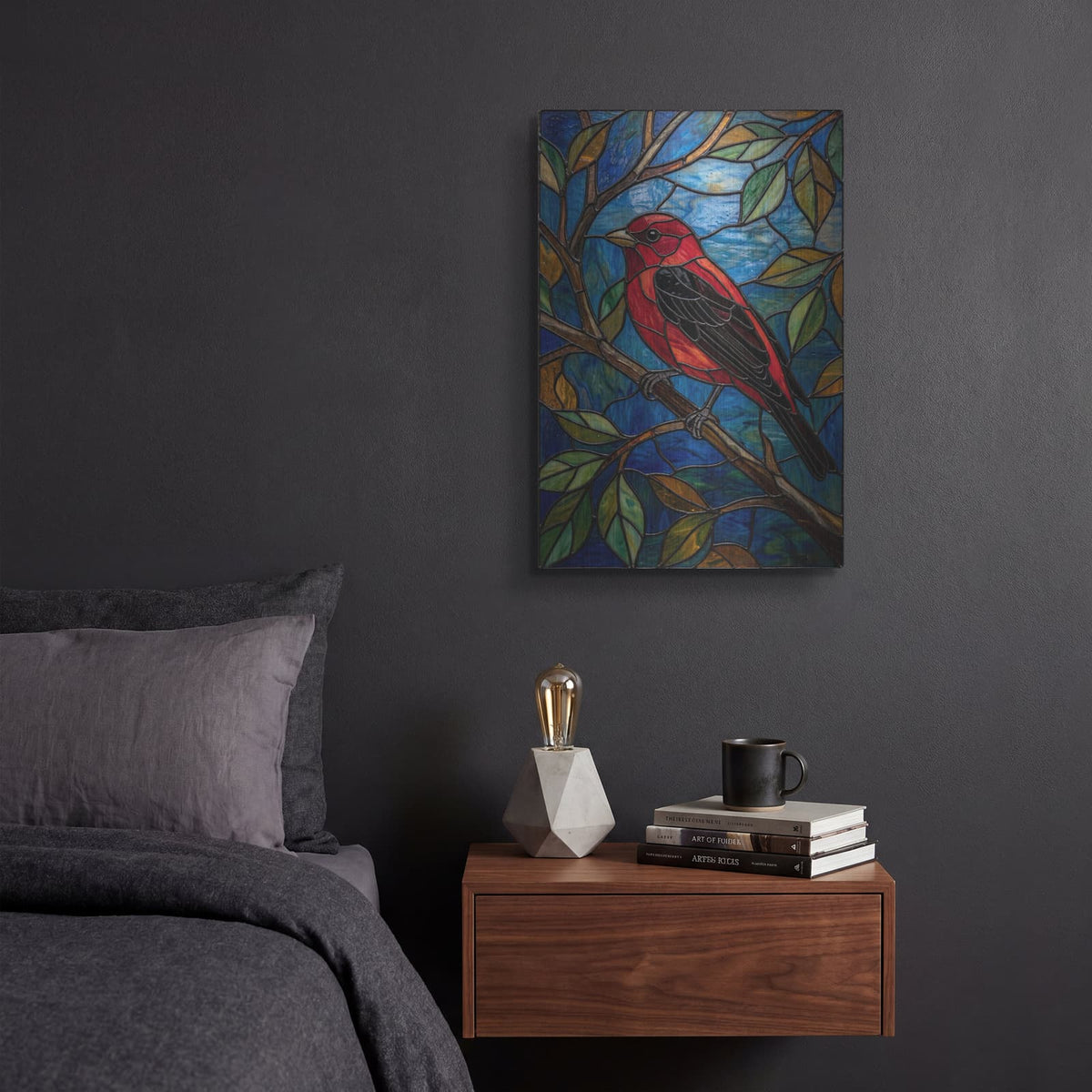 'Stained Glass Style Scarlet Tanager' by Veve – Metal Wall Art, 12x16 room view