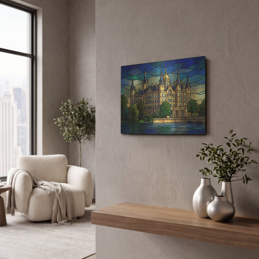 'Stained Glass Style Schwerin Castle I' by Veve – Metal Wall Art, 16x12 room view