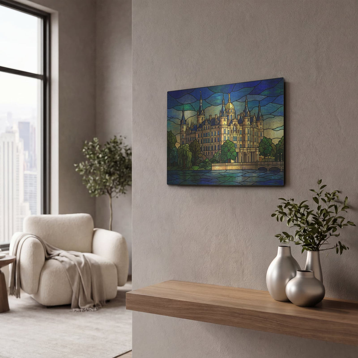 'Stained Glass Style Schwerin Castle I' by Veve – Metal Wall Art, 16x12 room view