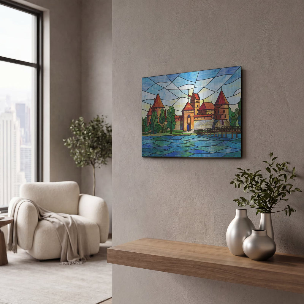 'Stained Glass Style Trakai Island Castle' by Veve – Metal Wall Art, 16x12 room view