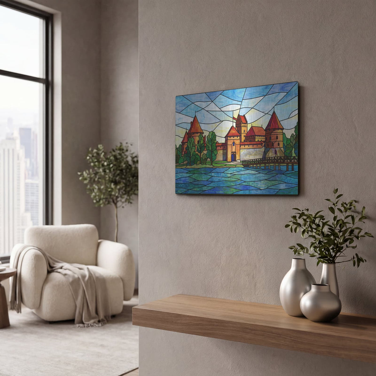 'Stained Glass Style Trakai Island Castle' by Veve – Metal Wall Art, 16x12 room view