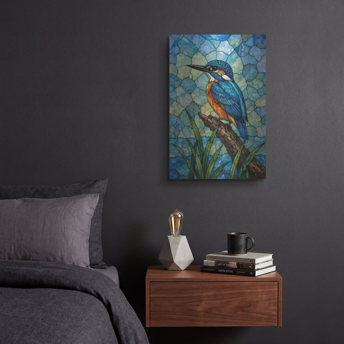 'Stained Glass Style Vertical Kingfisher' by Veve – Metal Wall Art, 12x16 room view