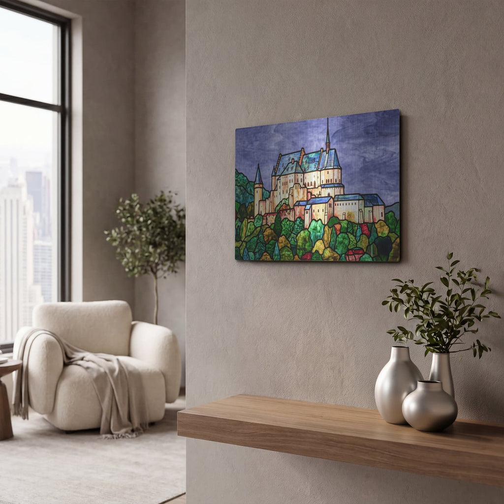 'Stained Glass Style Vianden Castle I' by Veve – Metal Wall Art, 16x12 room view