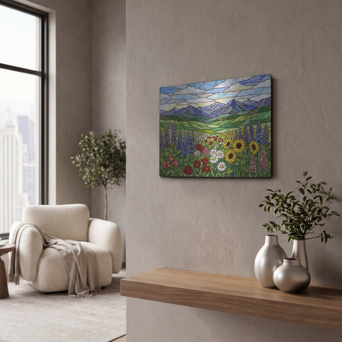 'Stained Glass Style Wildflower Mountain Meadow' by Veve – Metal Wall Art, 16x12 room view