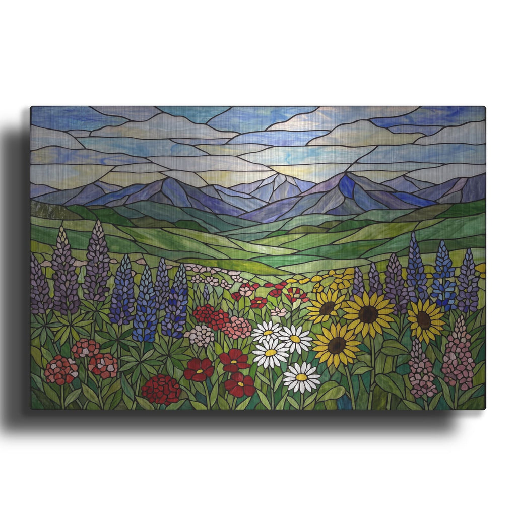 'Stained Glass Style Wildflower Mountain Meadow' by Veve – Metal Wall Art