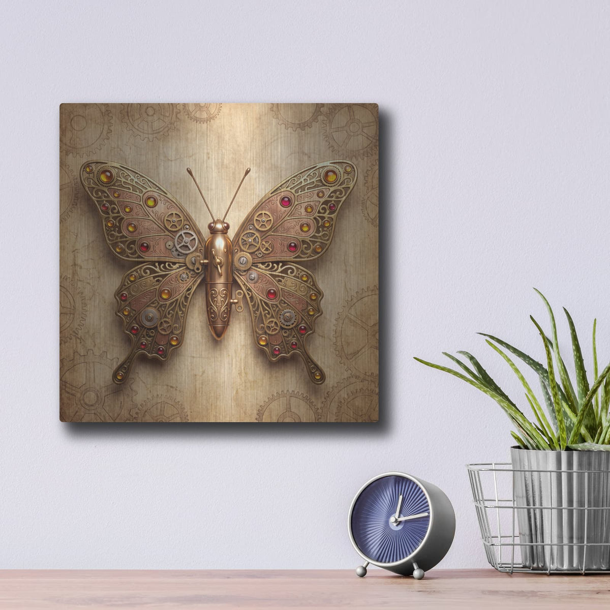 'Steampunk Butterfly Ruby Copper' by Veve – Metal Wall Art, 12x12 room view