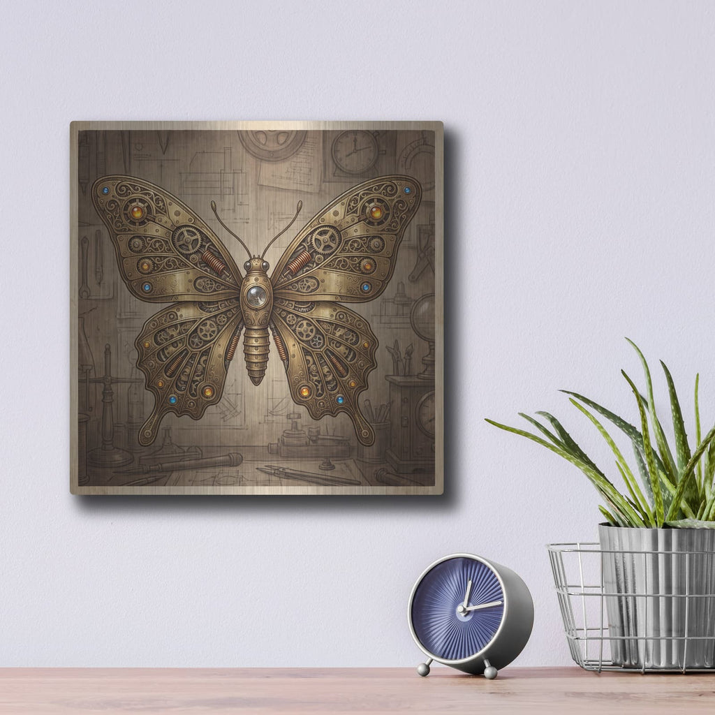 'Steampunk Butterfly Sapphire Gold' by Veve – Metal Wall Art, 12x12 room view