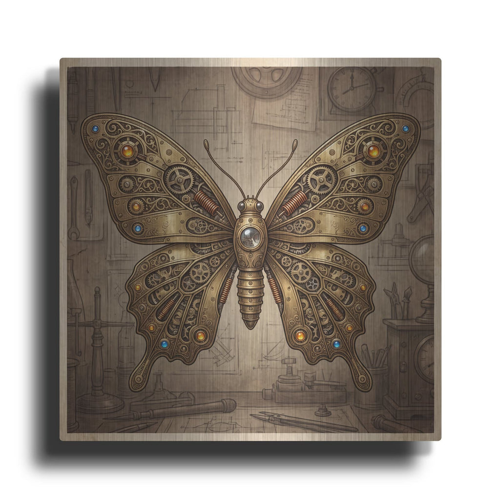 'Steampunk Butterfly Sapphire Gold' by Veve – Metal Wall Art